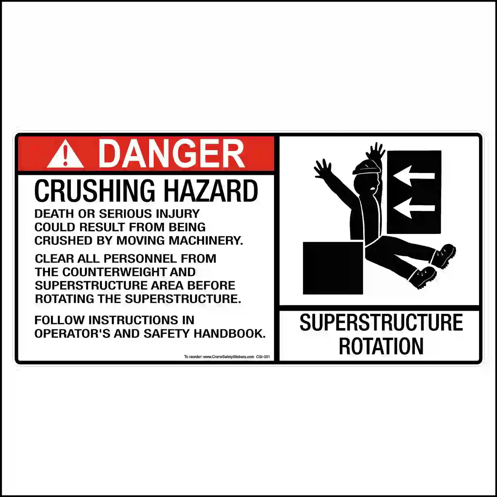 Safety sign warning about crushing hazard and superstructure rotation with text and icon on a white background.