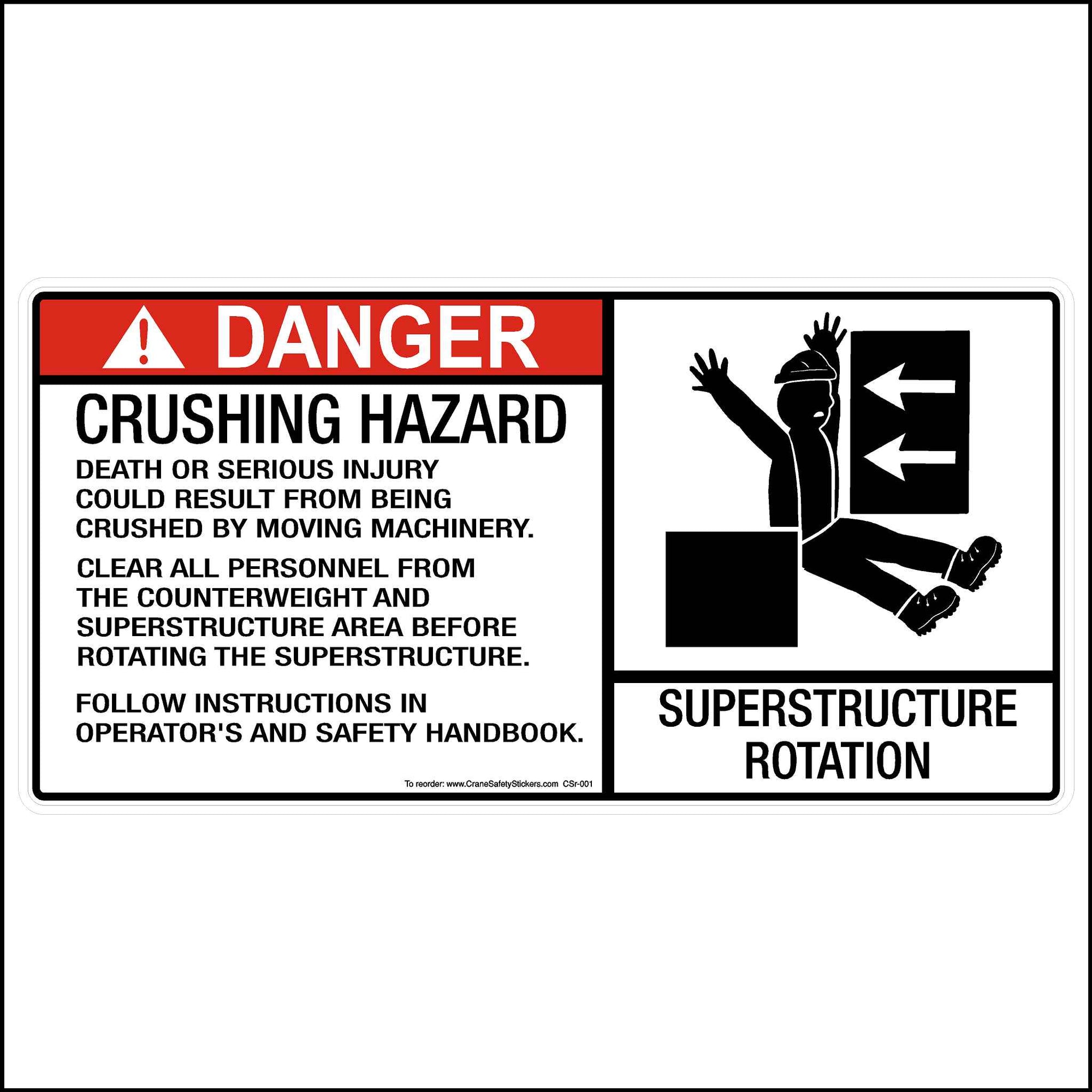 Crane Superstructure Rotation Hazard Sticker Printed With, DANGER Crushing Hazard. Death Or Serious Injury Could Result From Being Crushed By Moving Machinery. Clear All Personnel From The Counterweight And Superstructure Area Before Rotating The Superstructure. Follow Instructions In Operator's And Safety Handbook.