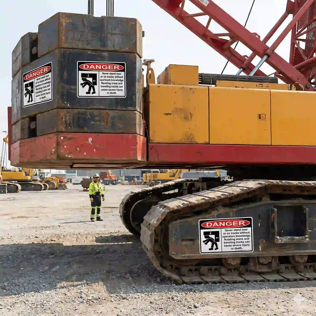 Large construction crane with warning labels on a construction site.
