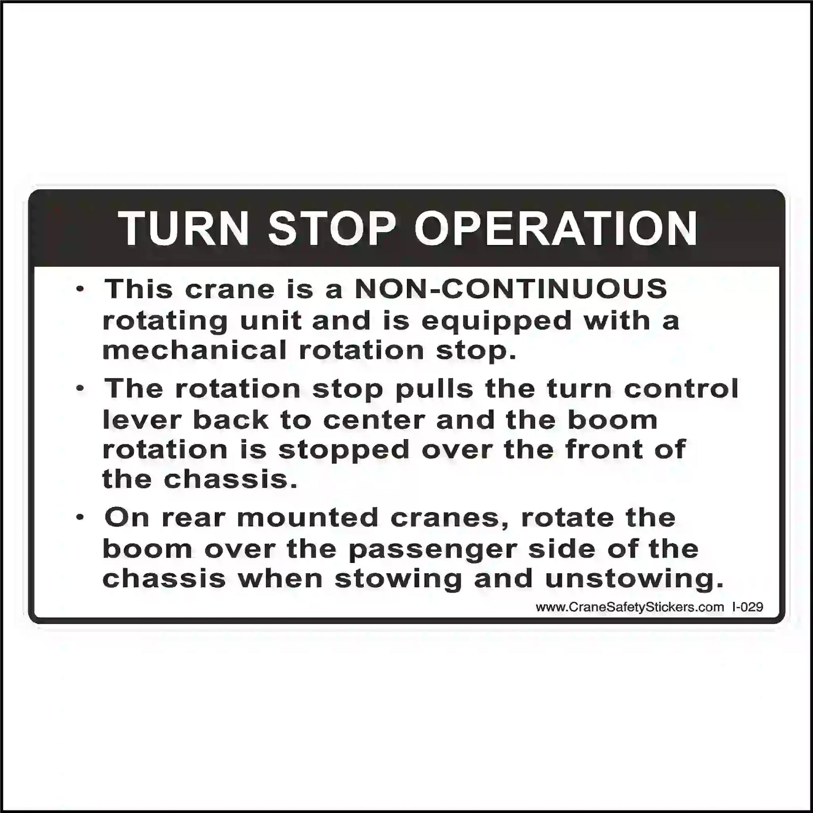 Safety label for crane turn stop operation with text on a white background