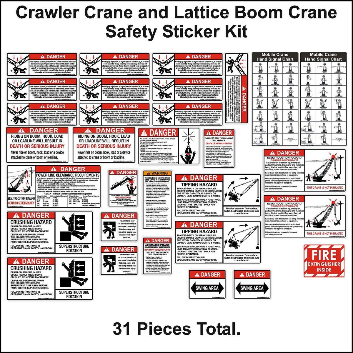 This Crawler and Lattice Boom Crane Sticker Kit has 31 stickers. Each sticker is printed with the correct ANSI header and color, bright easy to read text and warning pictorials.