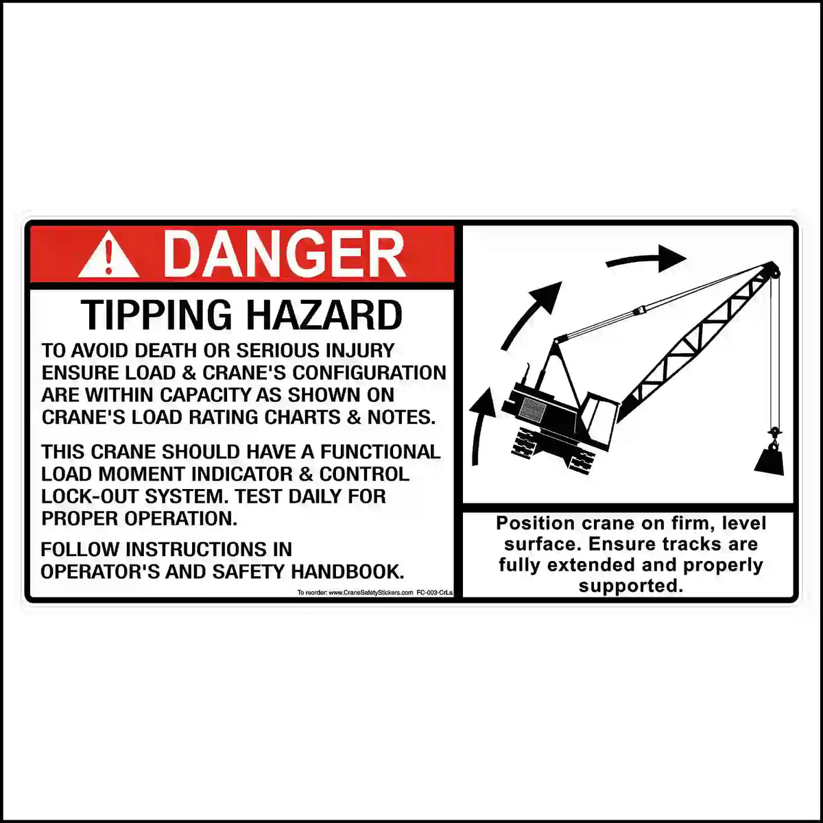 Crawler crane tipping hazard warning decal, 11 × 5½ inches