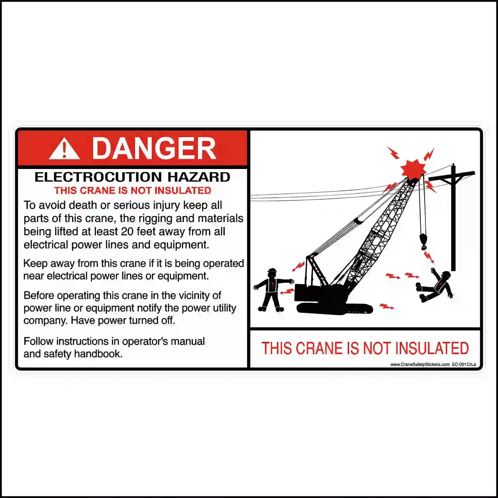 Safety warning sign about electrocution hazard with a crawler crane illustration.