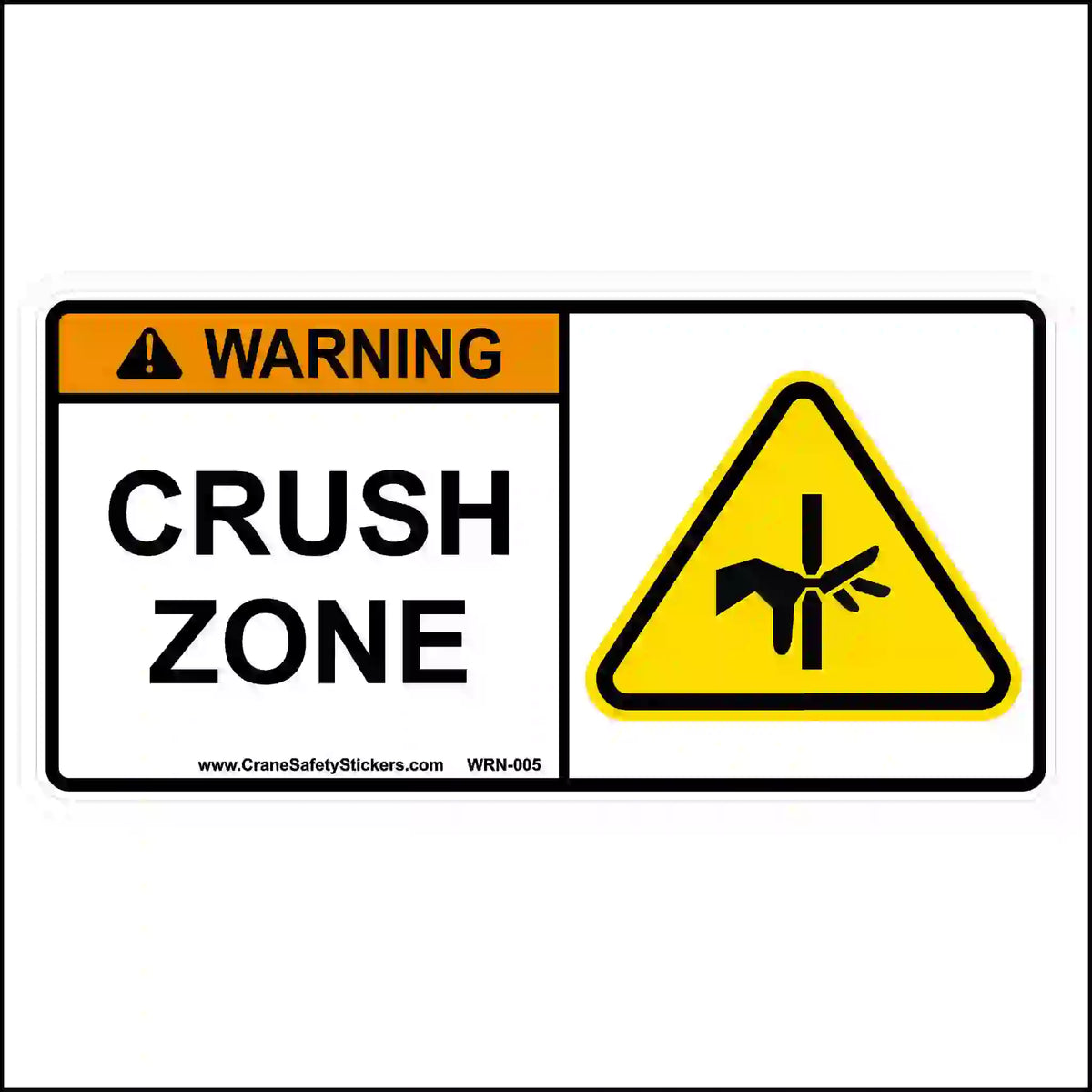 Warning sign indicating 'Crush Zone' with a yellow triangle symbol on a white background.