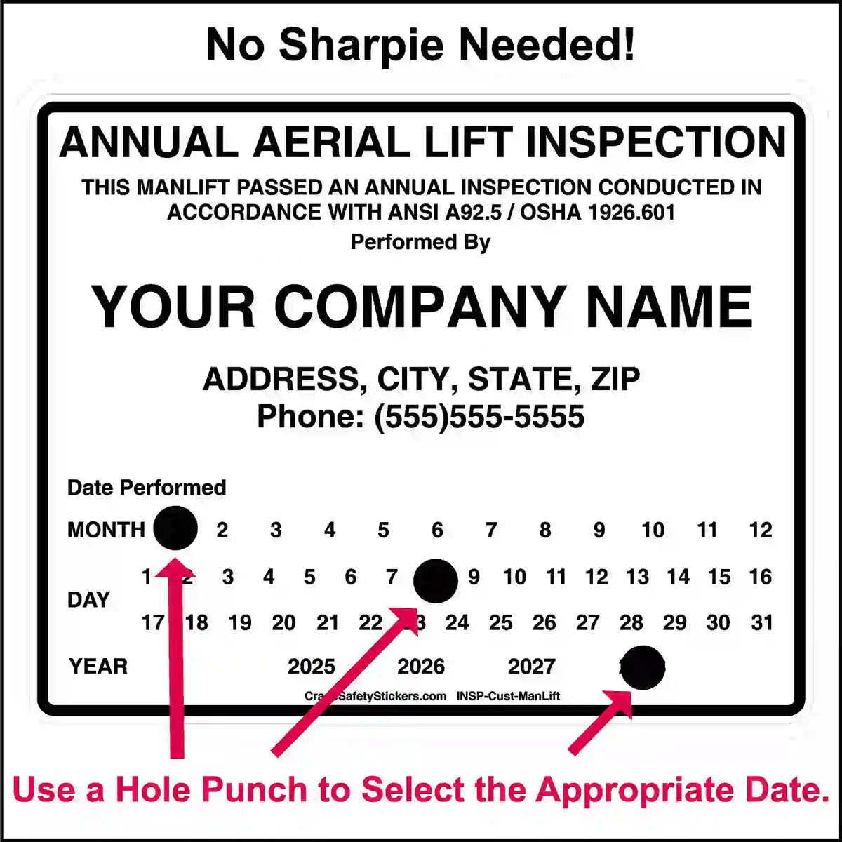 Annual aerial lift inspection label with space for customization