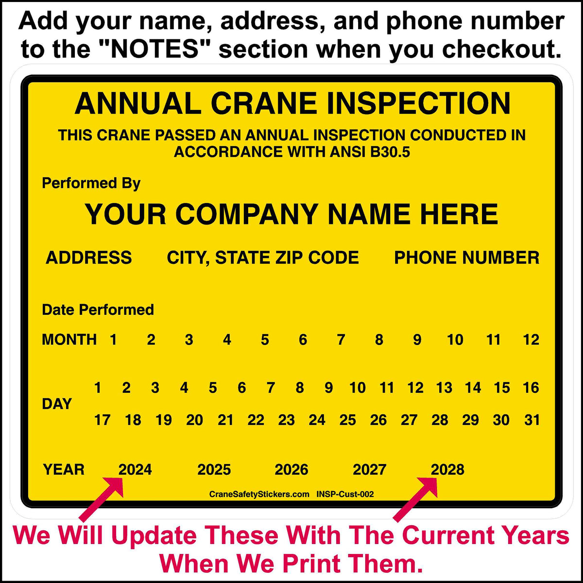 Load Inspection Sticker Custom Crane Inspection Sticker Ready to Print and Ship