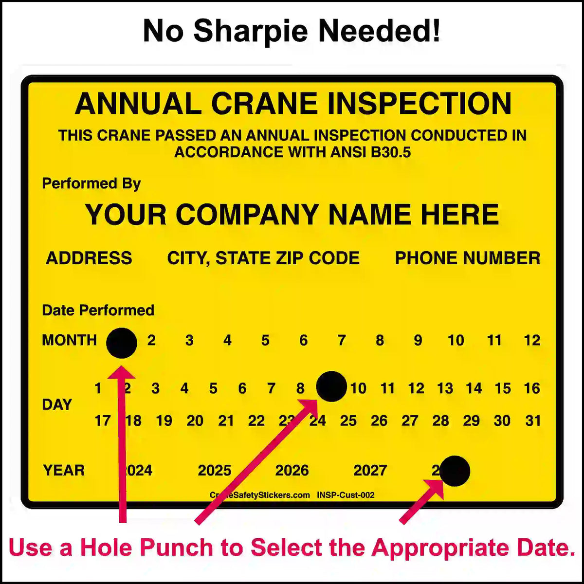 Annual crane inspection sticker with space for customization on a yellow background