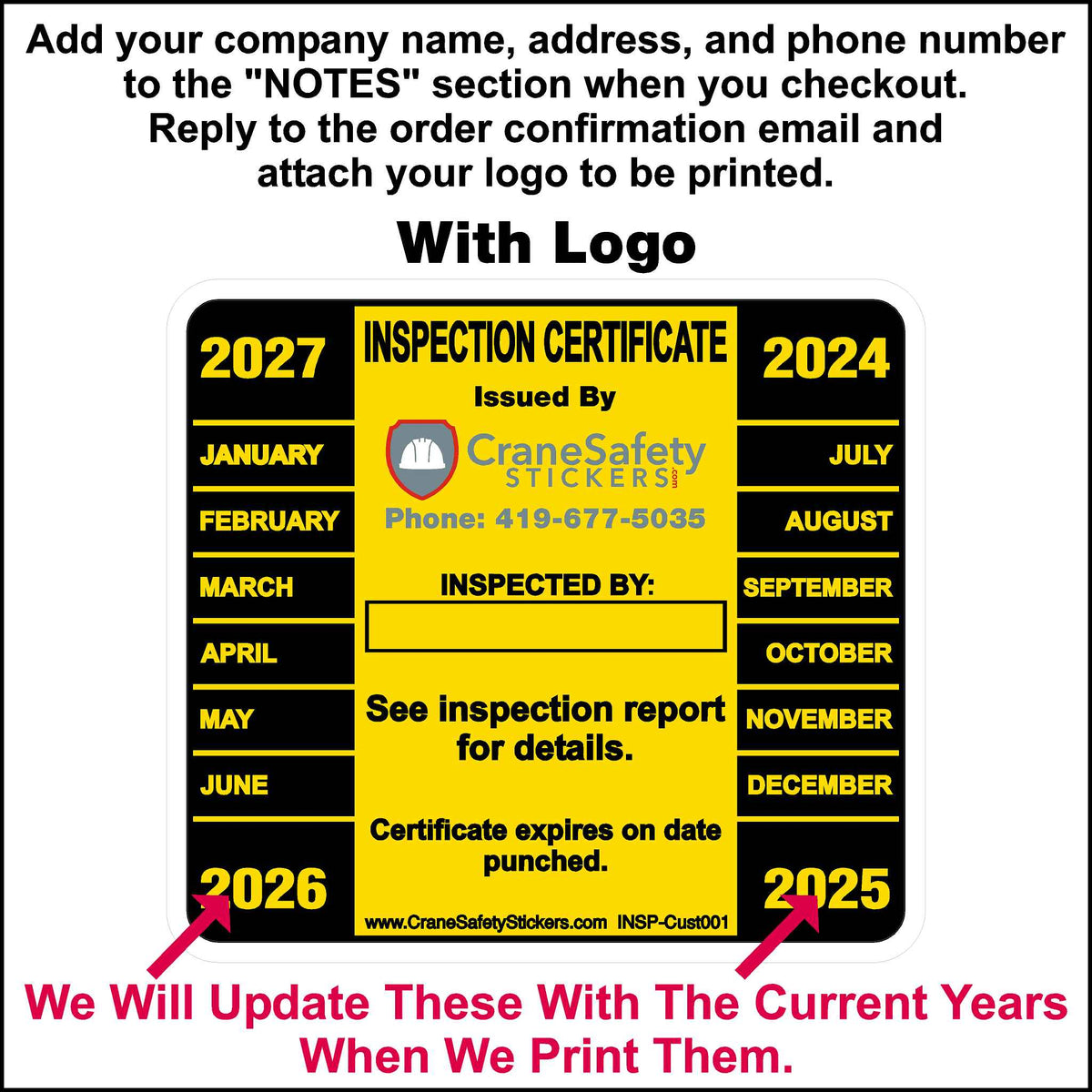 Custom Crane Inspection Sticker Add Your Own Name And Number