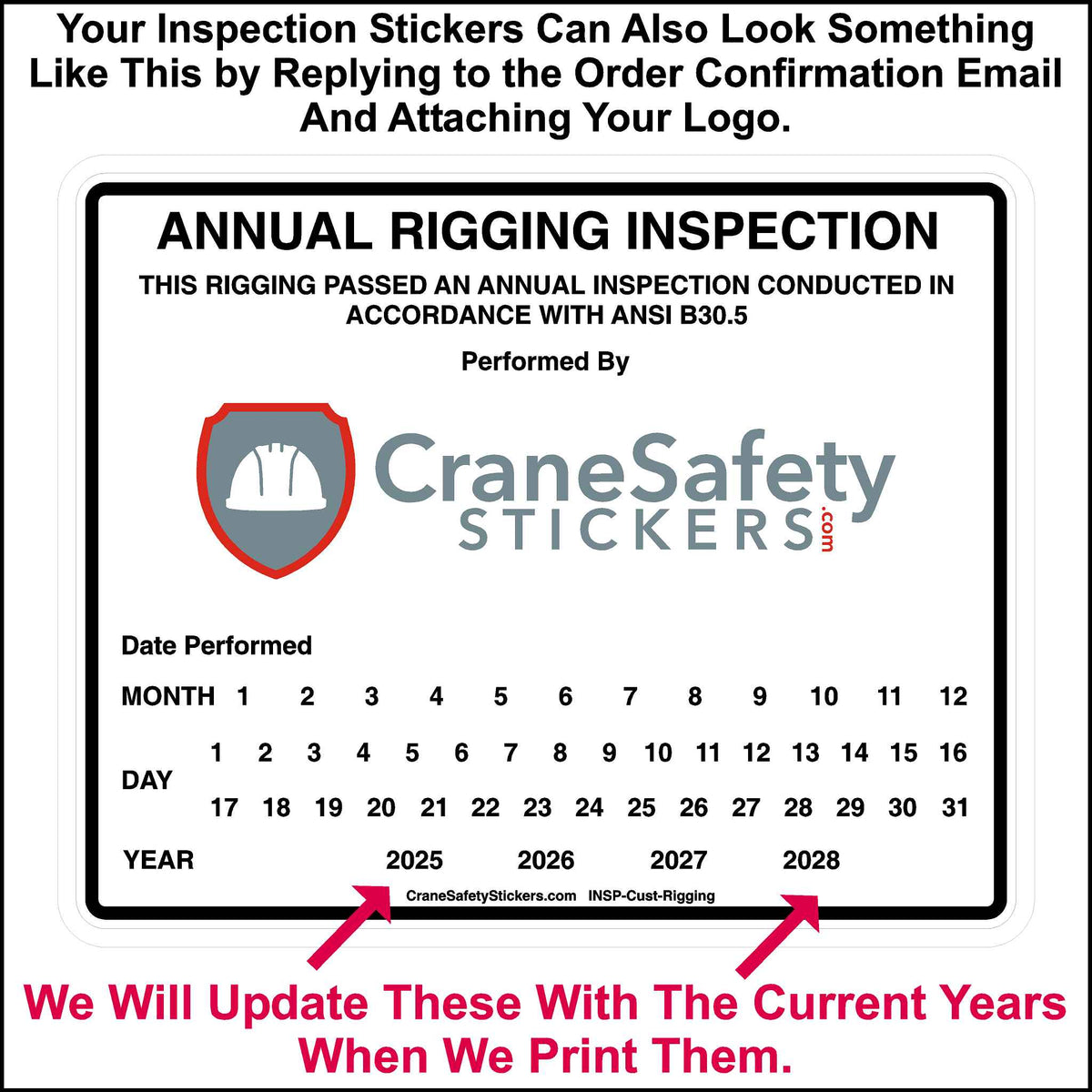 Custom Scissor Lift Inspection Sticker. Add your company logo to the sticker.