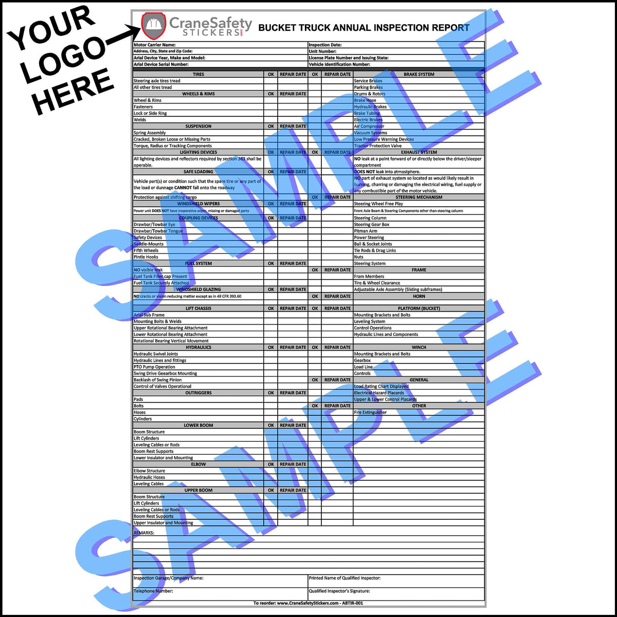 Custom Bucket Truck Inspection Sheet
