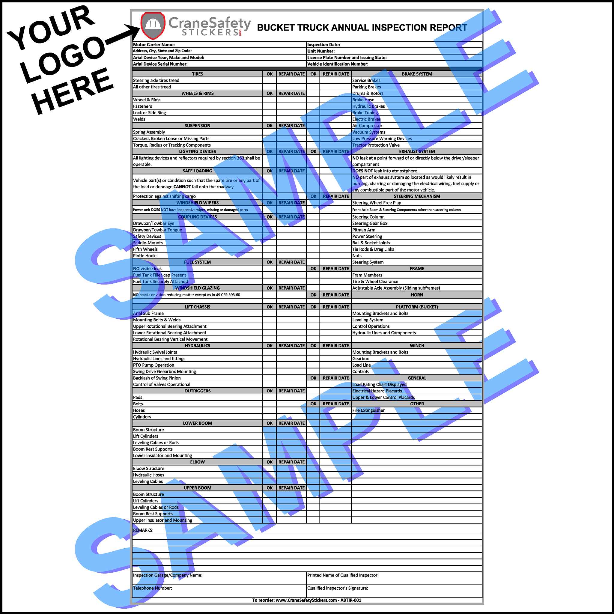 Custom Bucket Truck Inspection Sheet