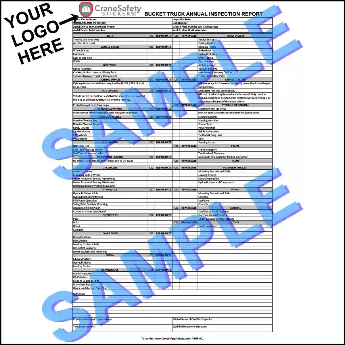 Custom annual bucket truck inspection report showing company logo placement at the top.