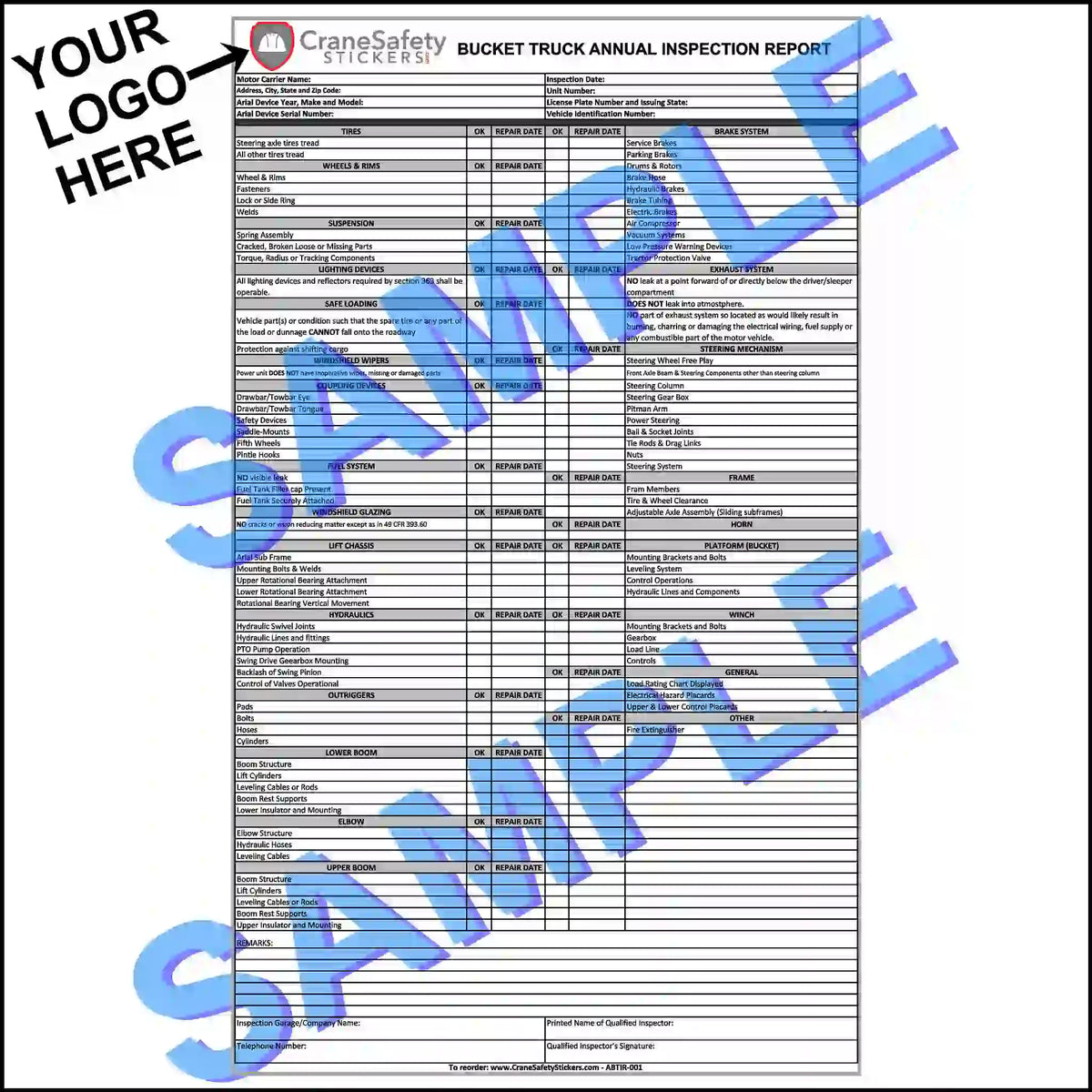 Bucket truck annual inspection report form with 'SAMPLE' text overlay and space for a logo.