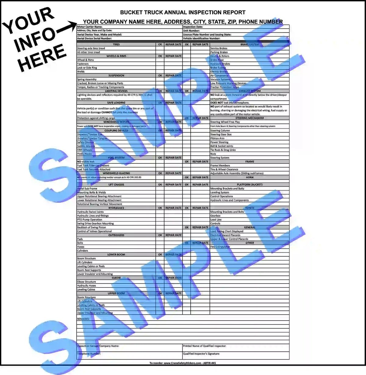 Custom annual bucket truck inspection report showing company information printed at the top.