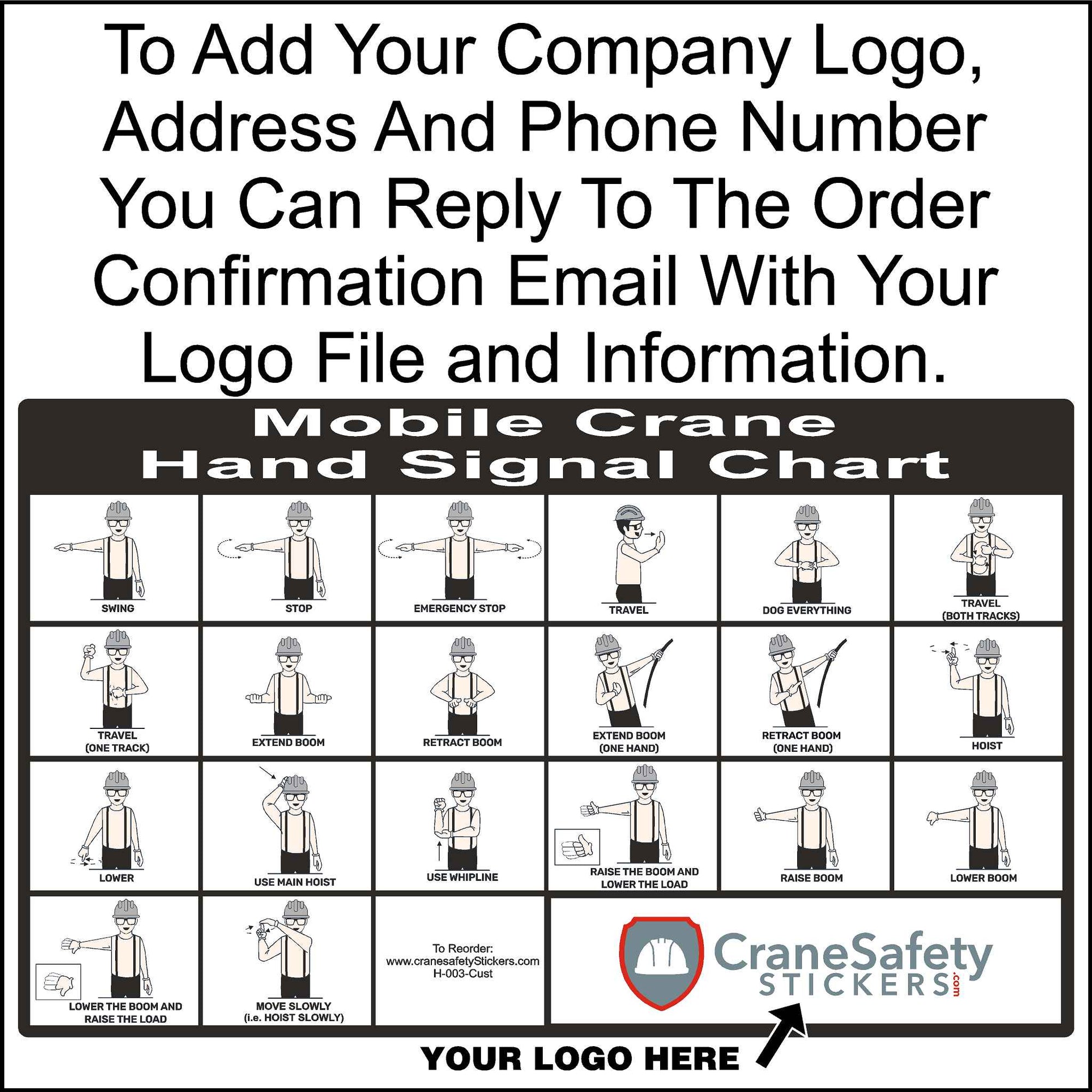 Custom Crane Hand Signal Chart We Print This With Your Company Logo. 8.25 Inches tall by 14 Inches Wide in Size.