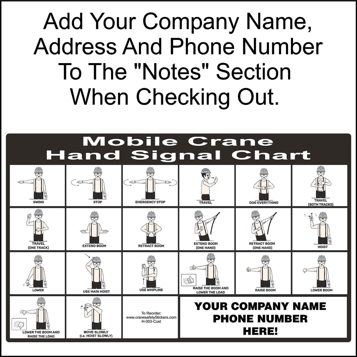 Custom Crane Hand Signal Chart Printed With Your Company Information and Logo. 8.25 Inches tall by 14 Inches Wide in Size.