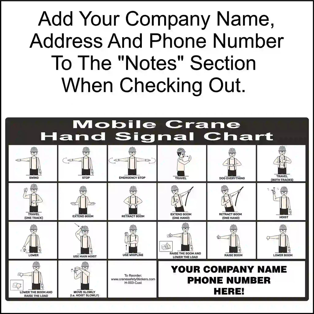 Hand signal chart for mobile crane operators with space to add company details.