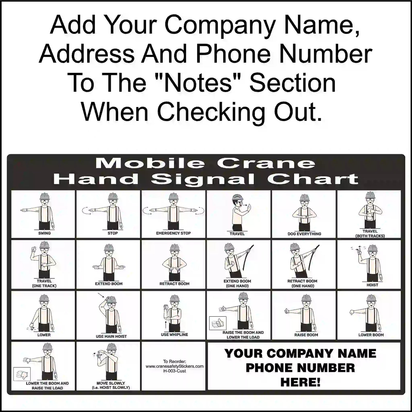 Hand signal chart for mobile crane operators with space to add company details.