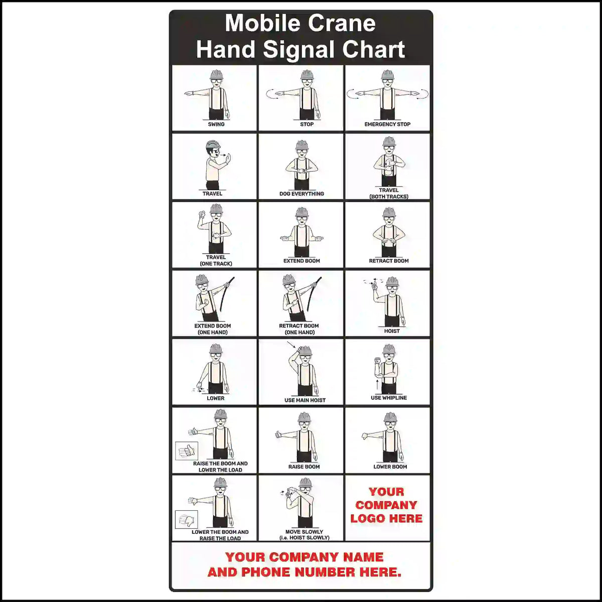 Hand signal chart for mobile cranes with customizable company logo and contact information.