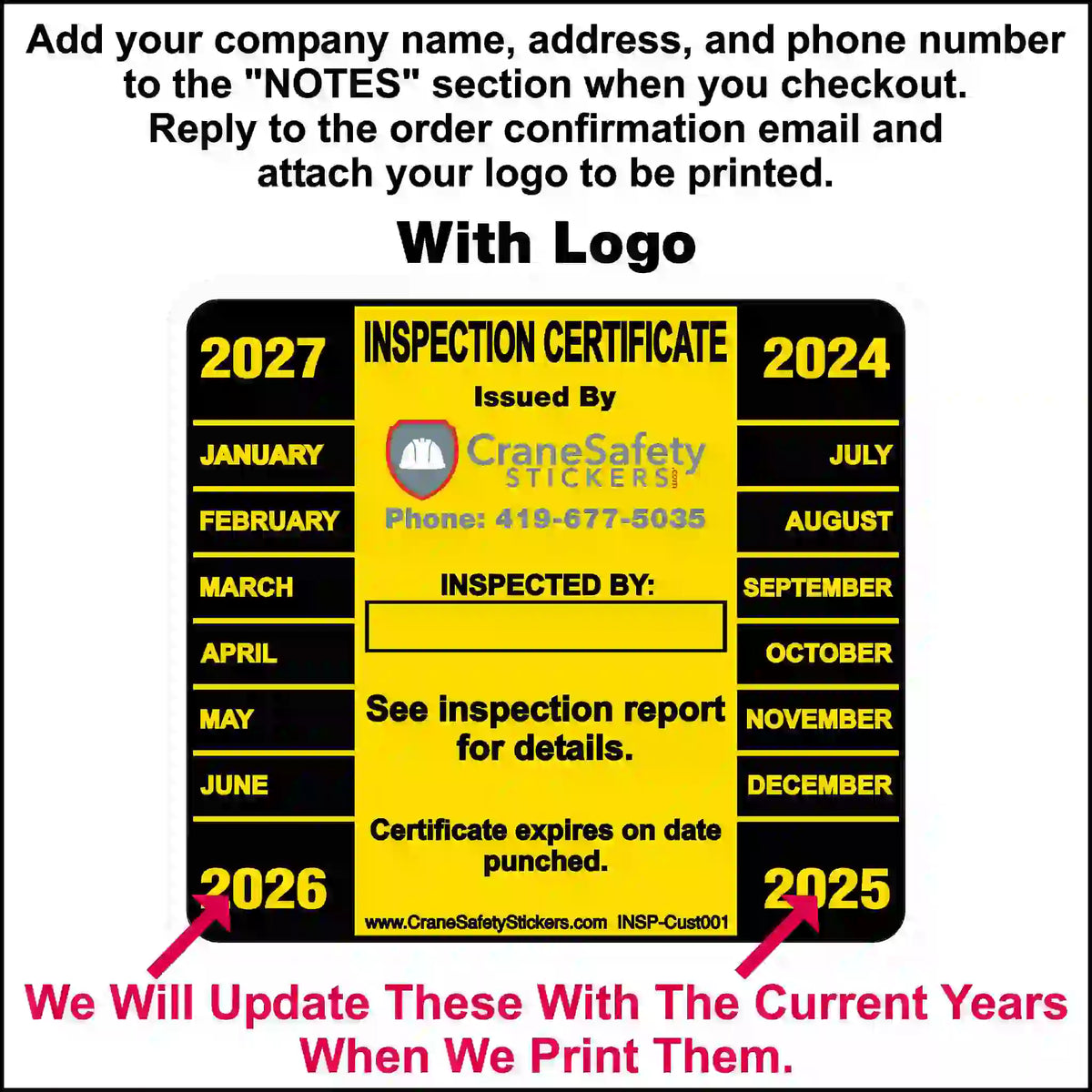 A rectangular inspection certificate sticker in black and yellow with fields for months and years to be punched.