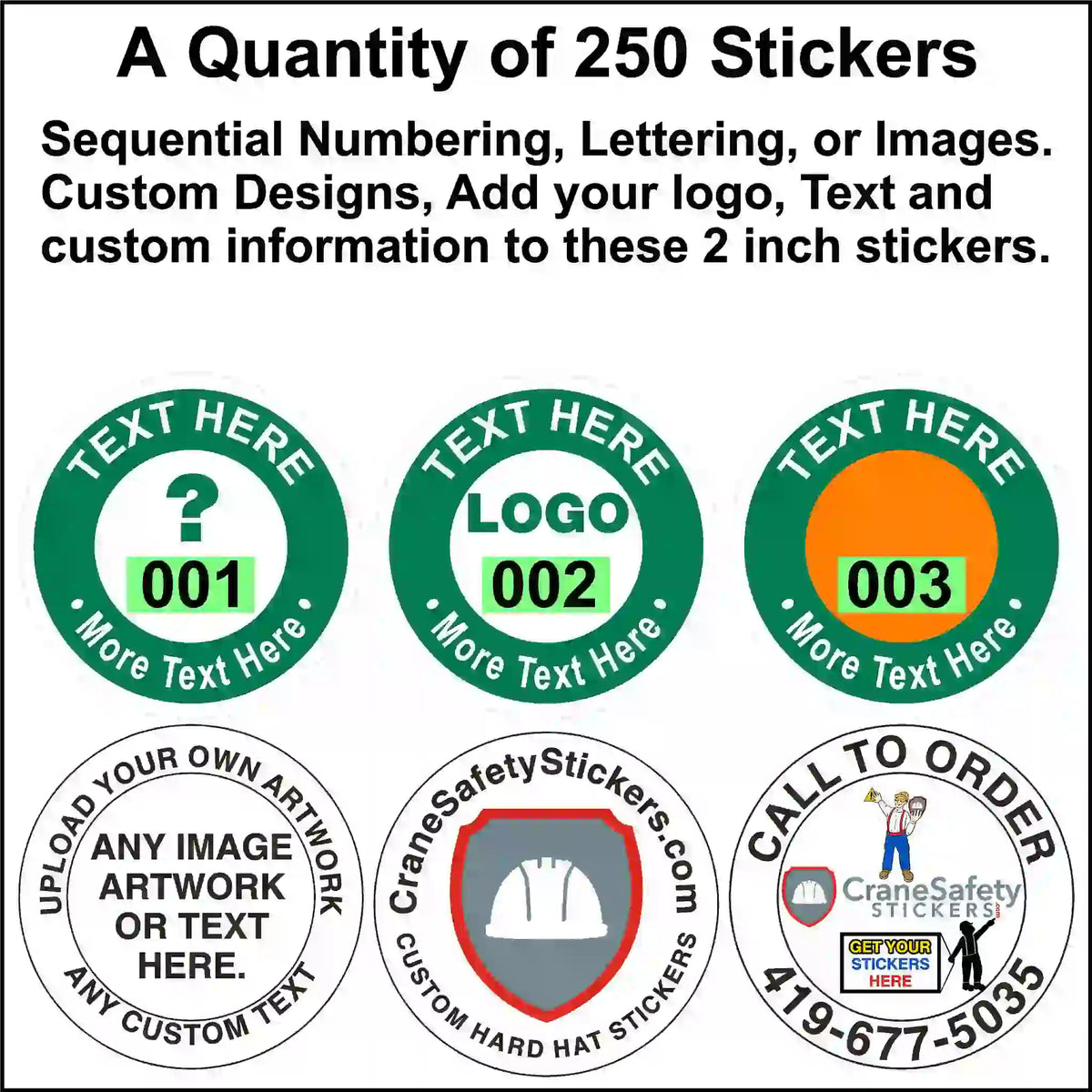 Promotional image for custom stickers with text, logos, and sequential numbering.