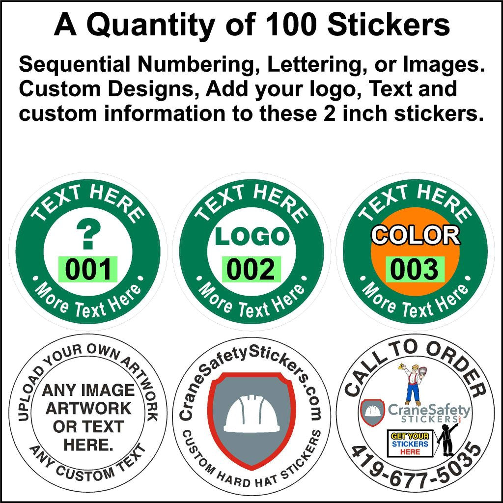 A selection of customizable 2-inch stickers showcasing options for adding text, logos, sequential numbering, and colors.  Includes examples for uploading custom artwork and contact information for ordering.