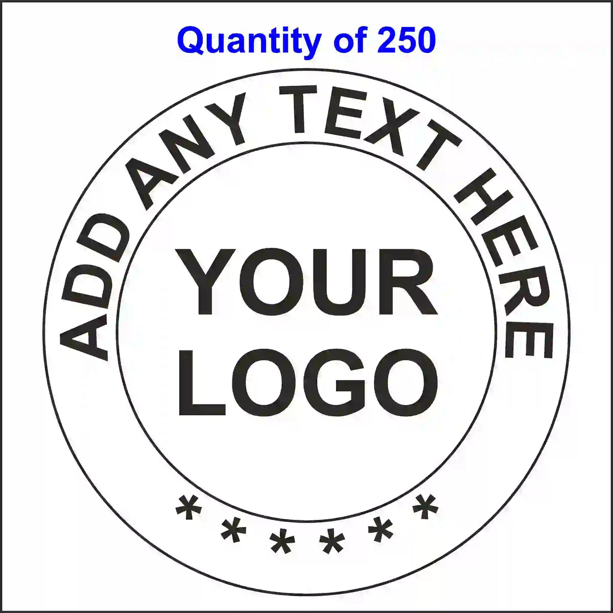 A circular, black and white sticker template. Arched text surrounds a central placeholder area for a custom image or text.
