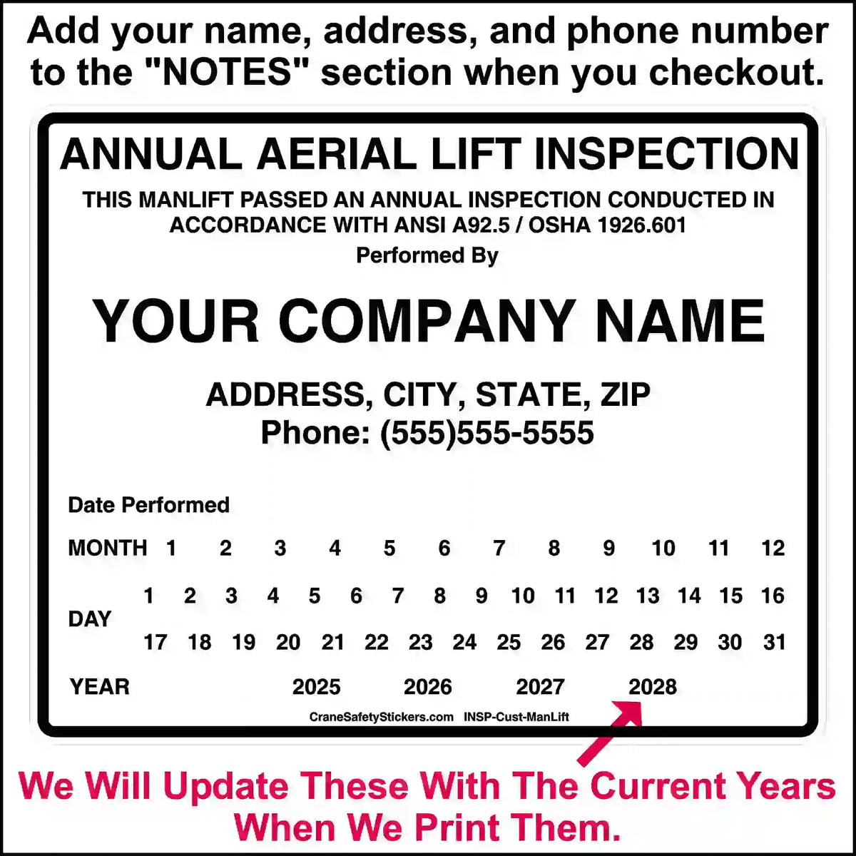 Annual aerial lift inspection label with space for personalization.