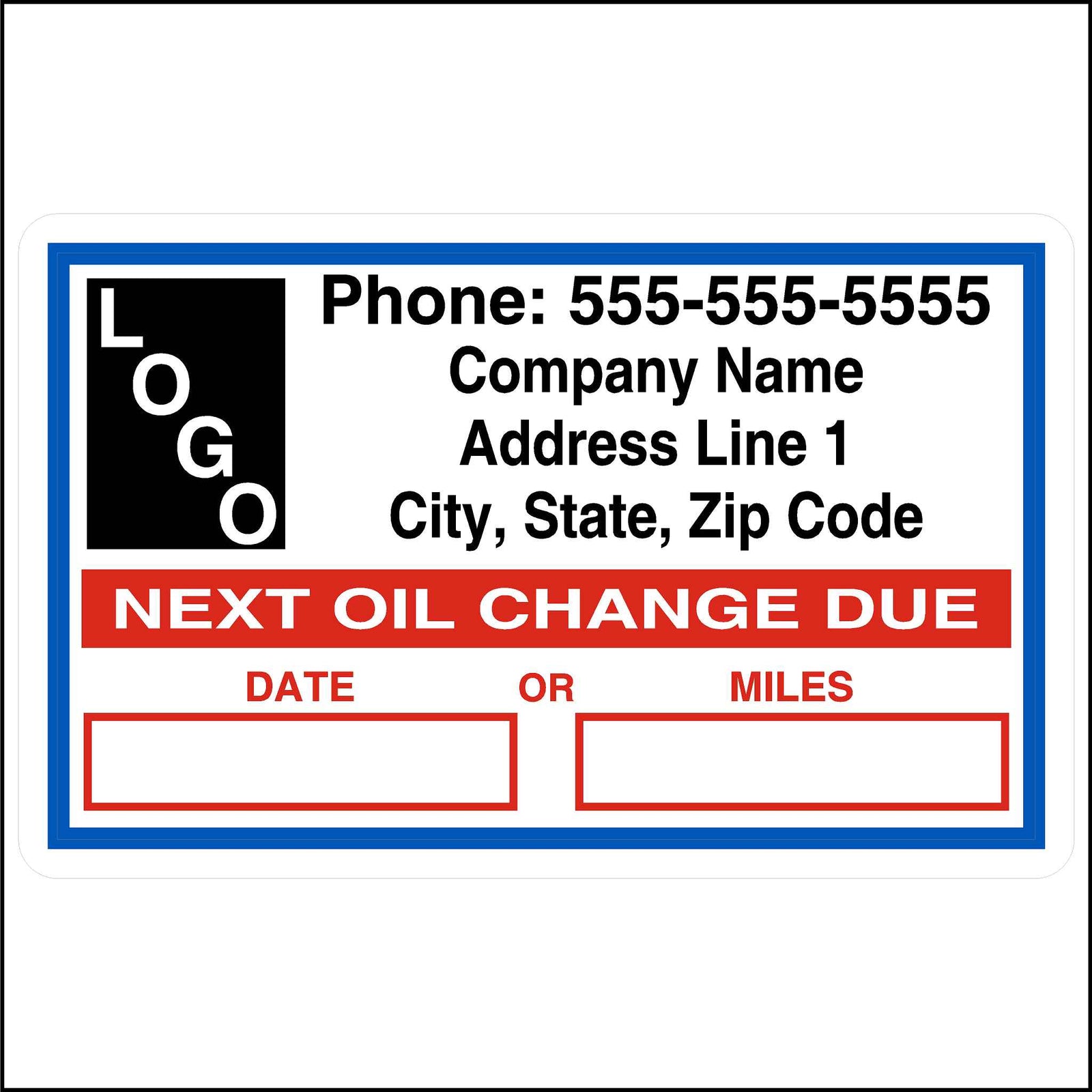 A blue, white, and red sticker with fields to record the date or mileage for the next oil change.