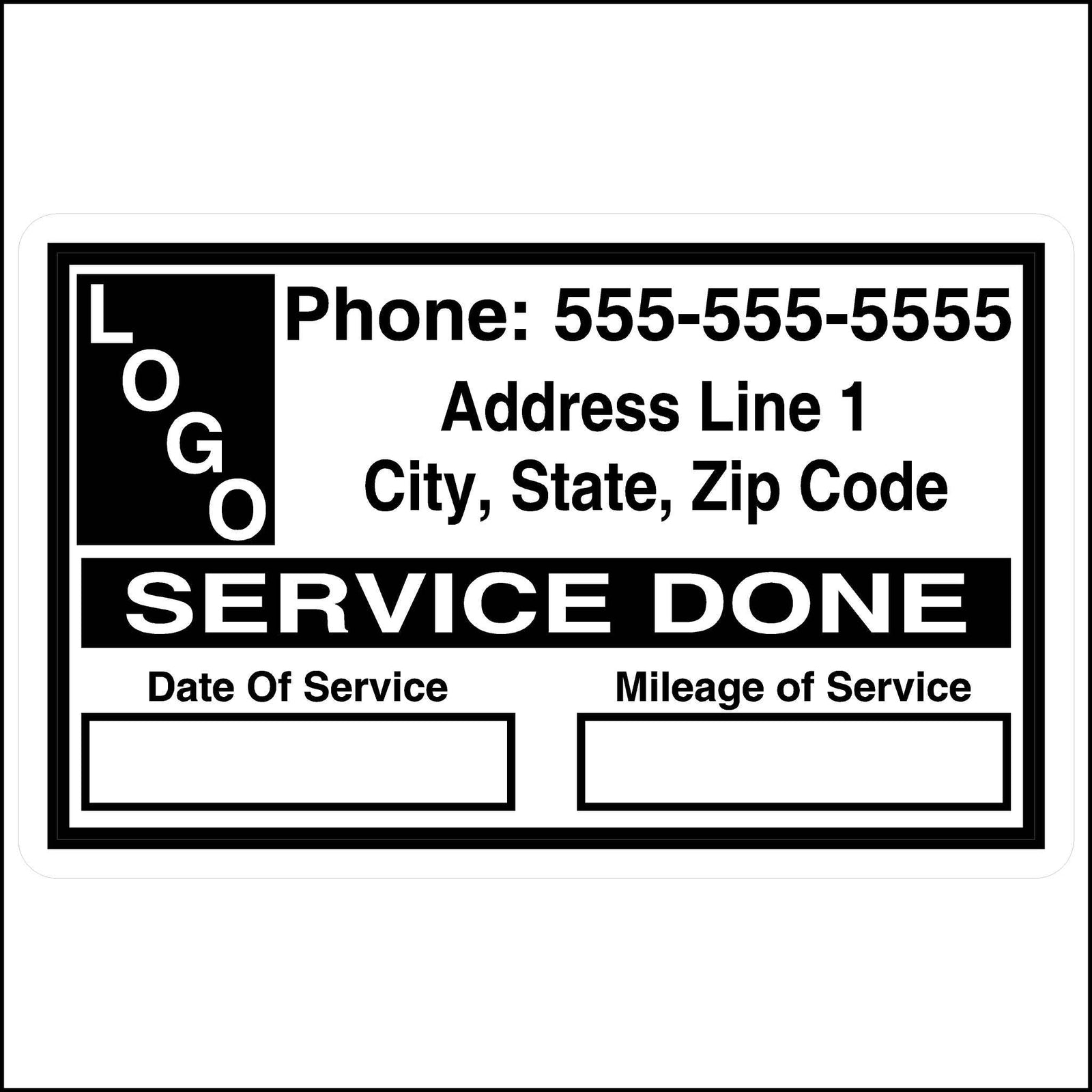 A black and white sticker with fields to record service information, including date and mileage.