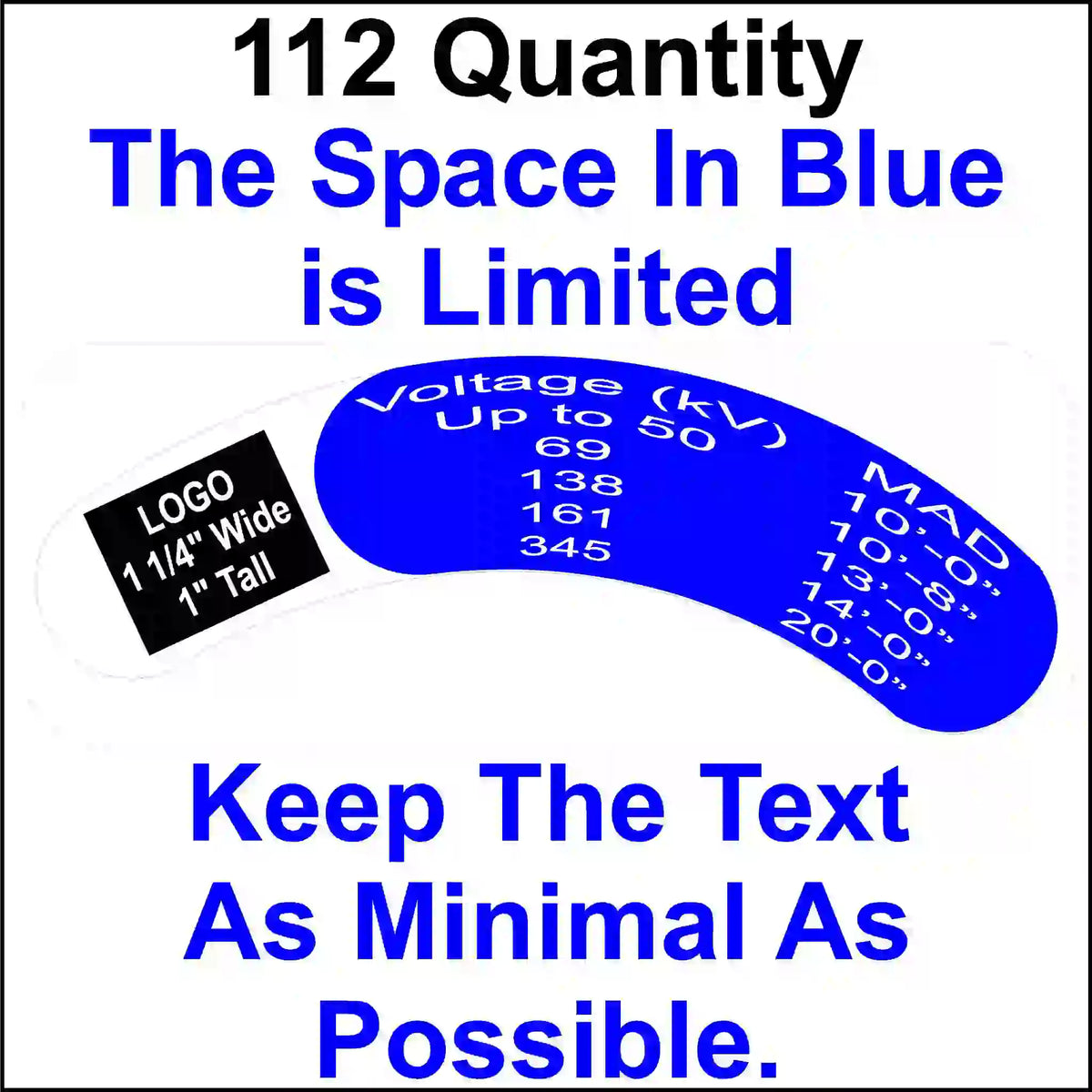 Technical diagram with blue arc labeled 'Voltage (kV)' and text instructions on a white background for a hard hat brim.