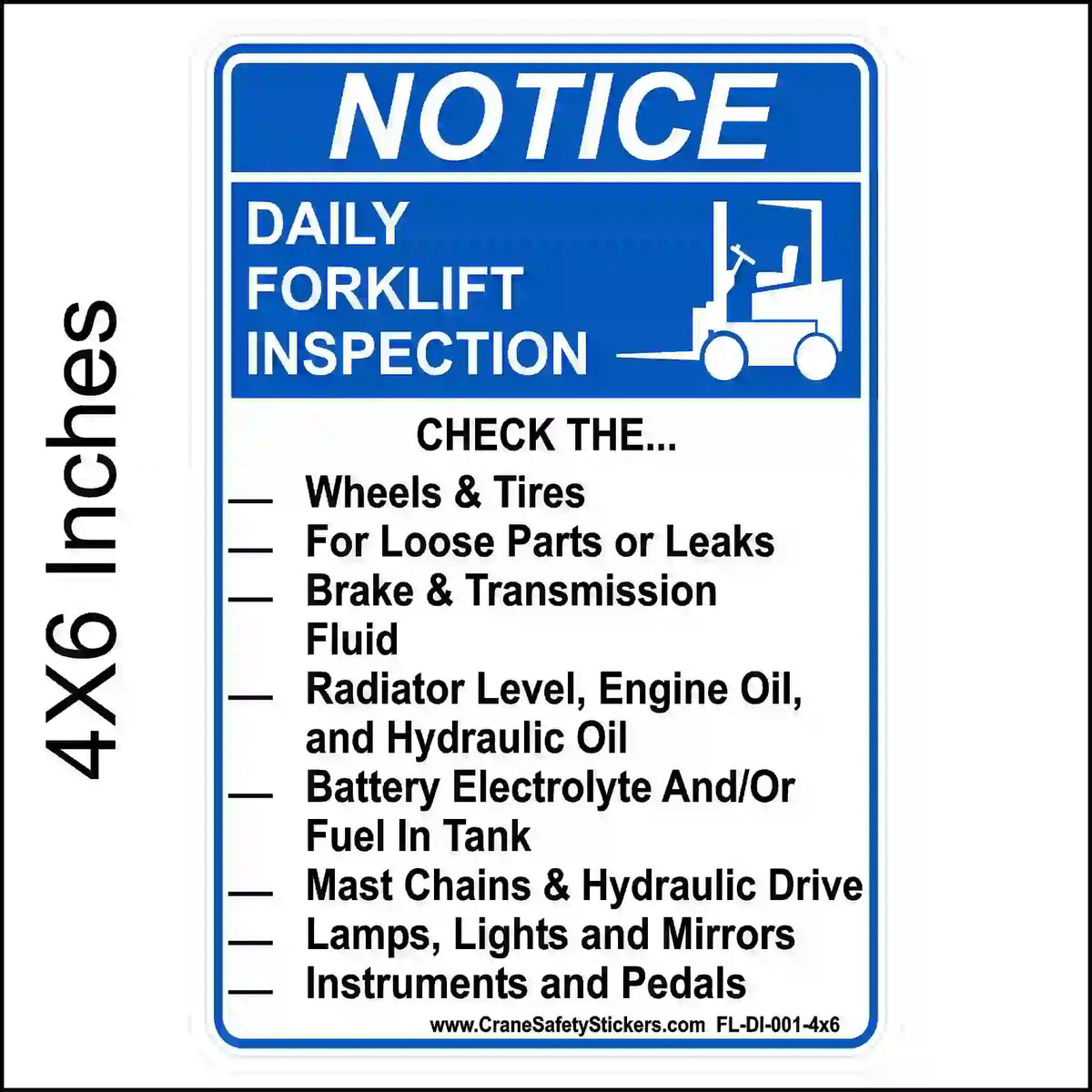 4 × 6-inch English daily forklift inspection checklist sticker with blue NOTICE header, forklift pictogram and eight inspection reminders.