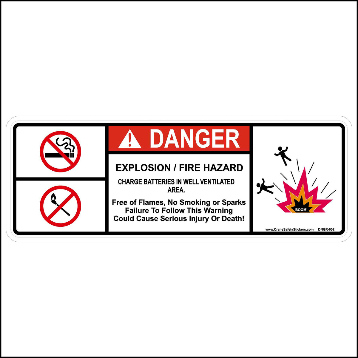 Battery Danger Label Printed With. DANGER Explosion, Fire Hazard. Charge Batteries In Well Ventilated Area. Free Of FLames, No SMoking or Sparks. Failure To Follow This warning could cause serious injury or death.