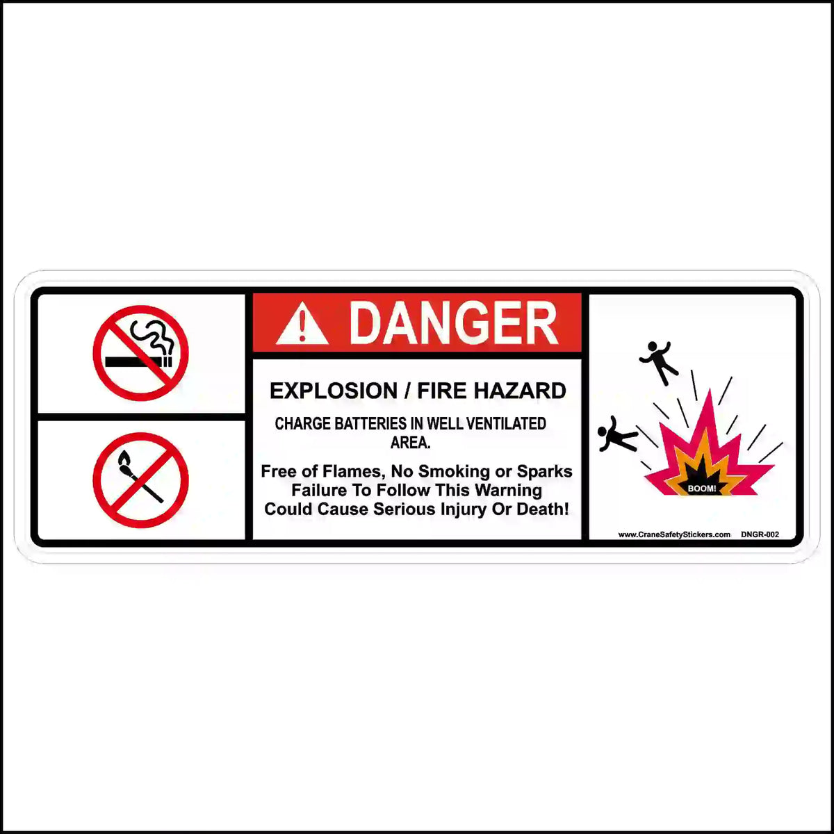 Safety label warning about explosion/fire hazard with symbols and text on a white background