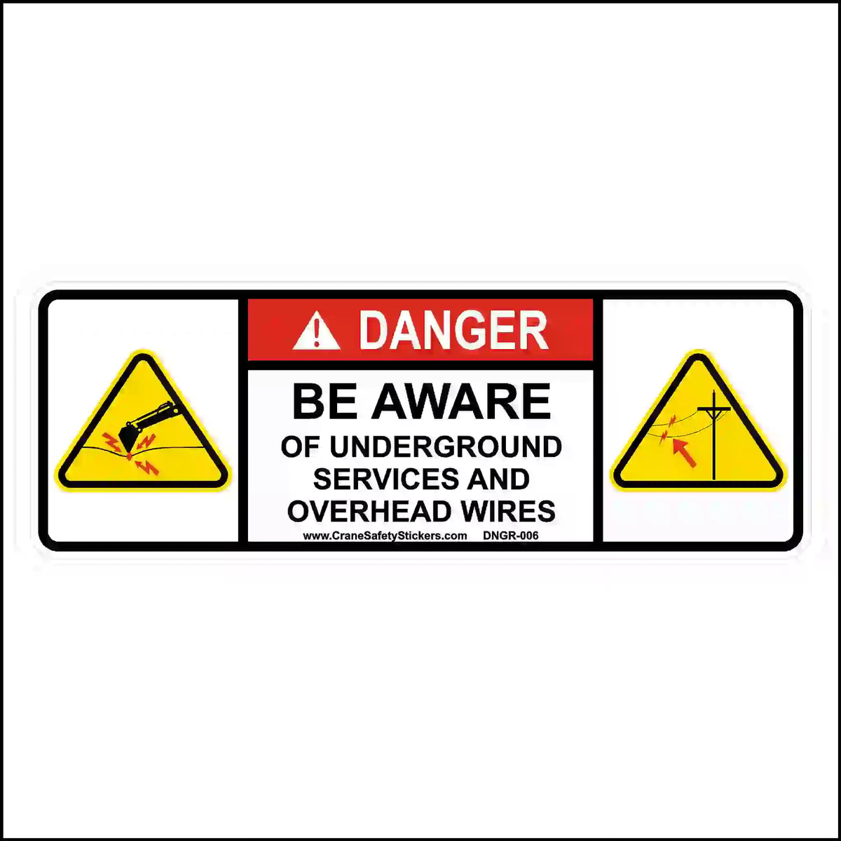 Safety sign warning about underground services and overhead wires on a white background