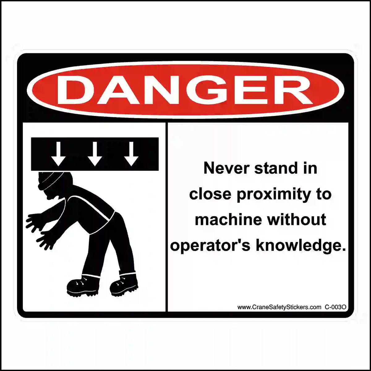 Safety sign warning about standing in close proximity to machinery without operator's knowledge.
