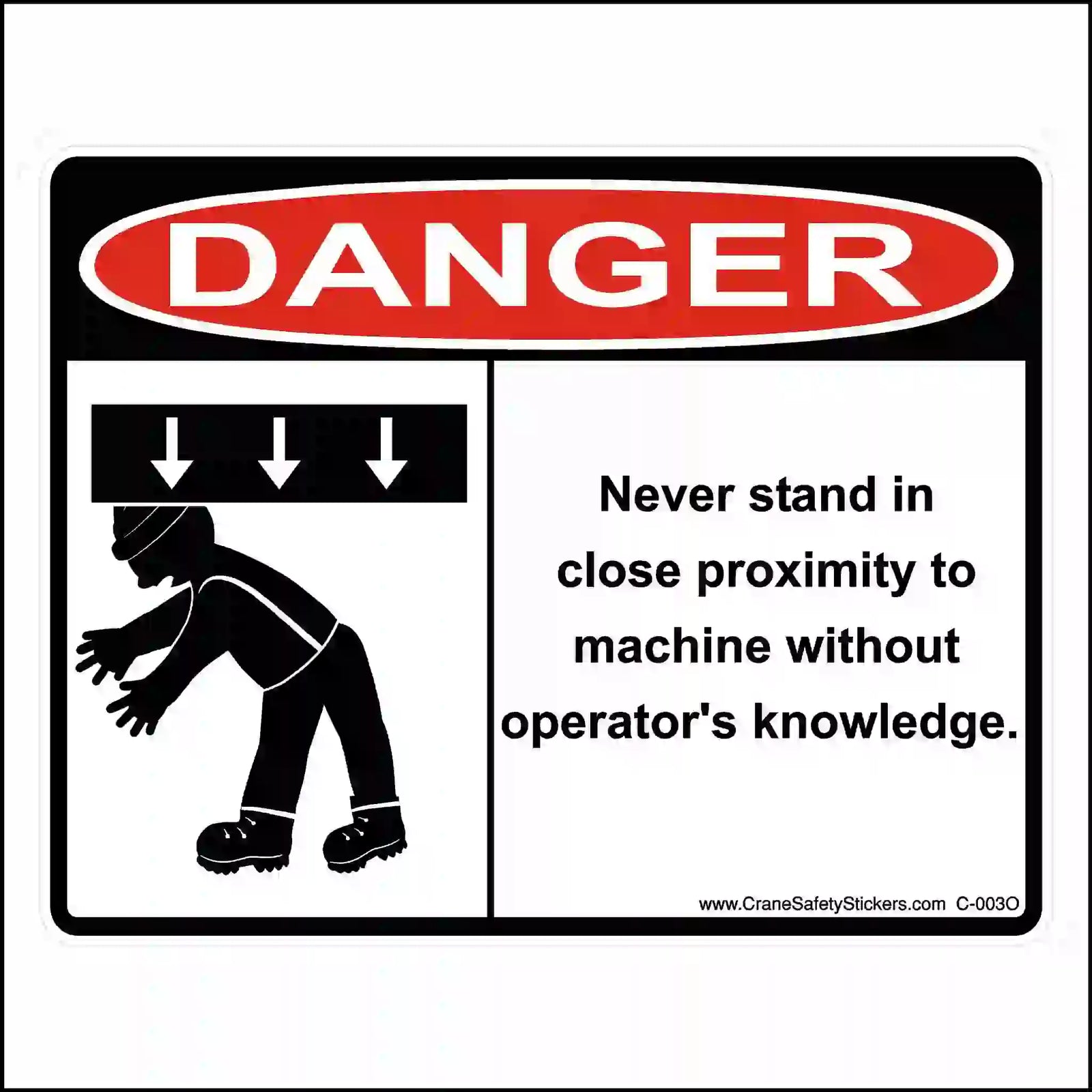 Safety sign warning about standing in close proximity to machinery without operator's knowledge.
