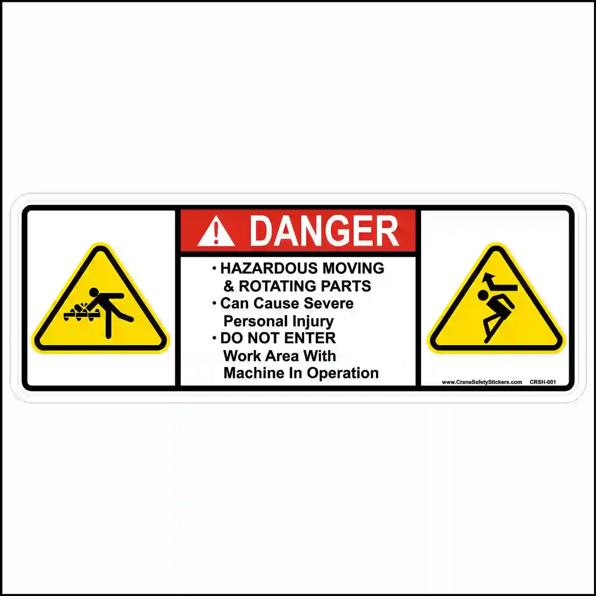 Safety sign warning about hazardous moving and rotating parts with danger label and symbols.