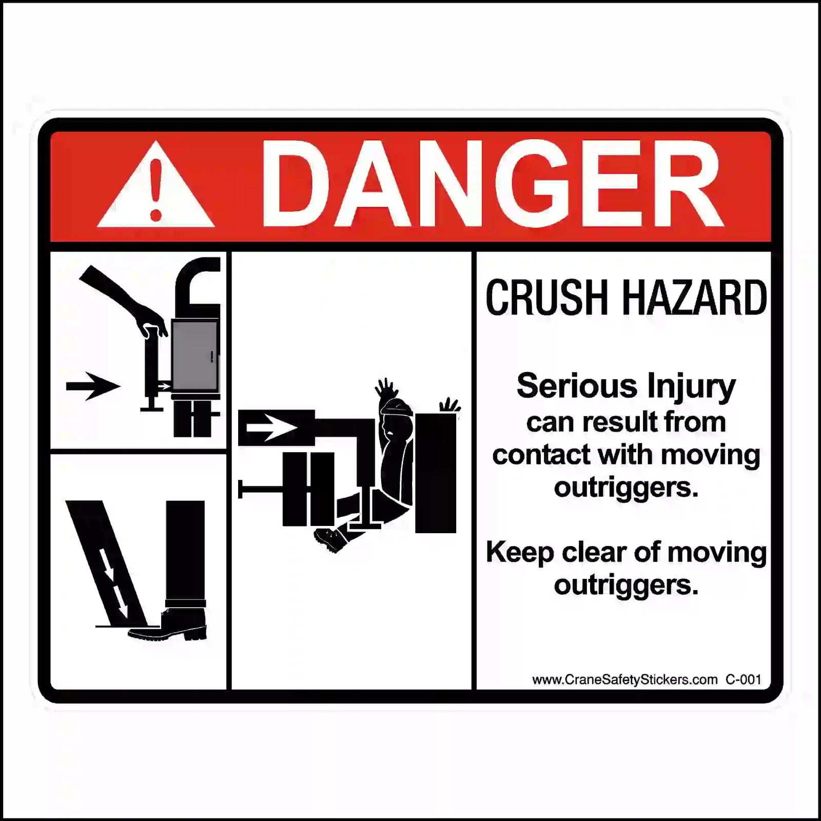 Moving outriggers crush hazard sticker with red DANGER header, hand, body and foot pictograms, and keep-clear warning.