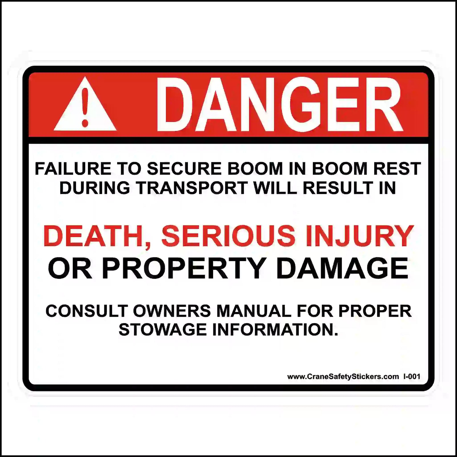 Safety sign warning about the dangers of improper boom rest during transport.