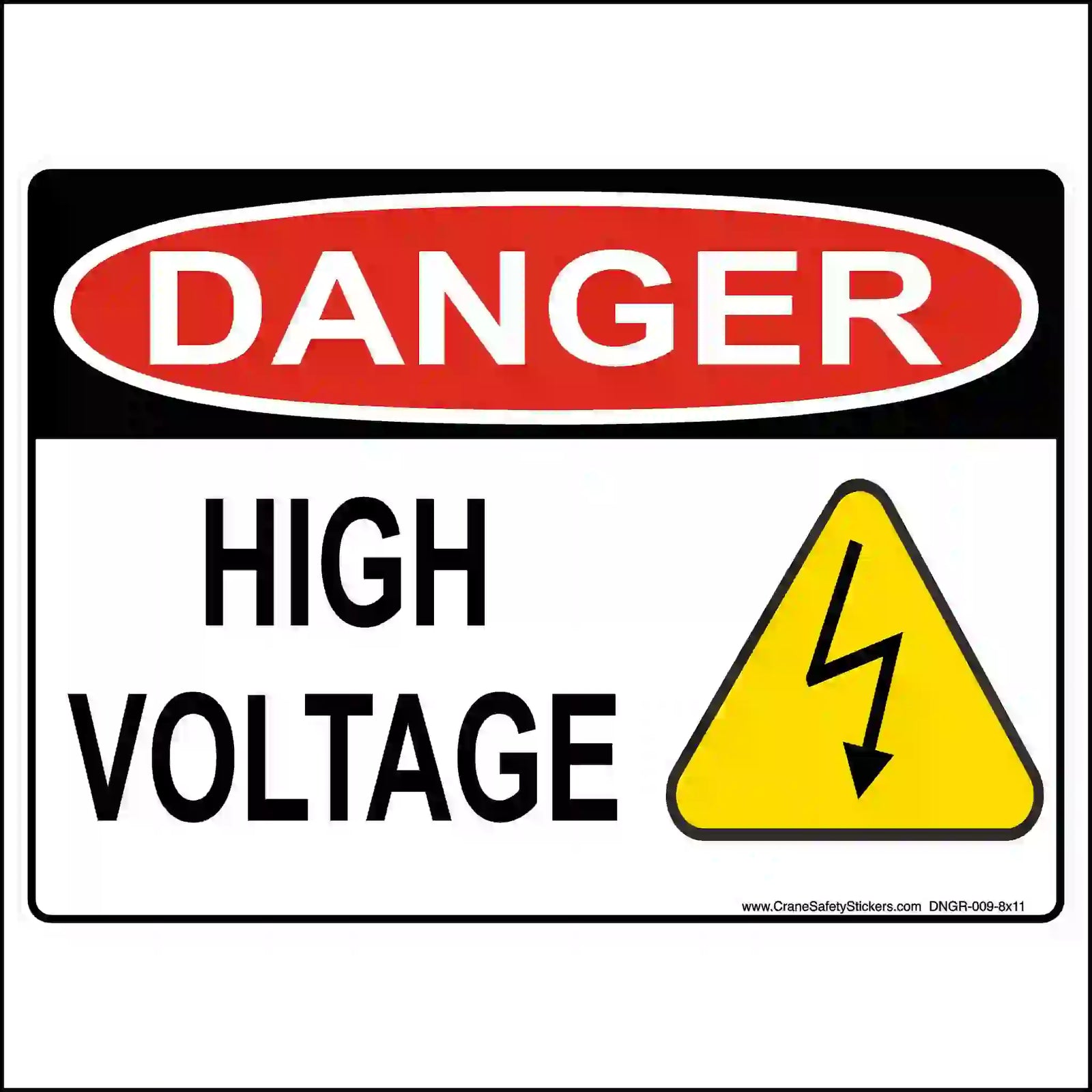 Danger High Voltage label design for the 8 × 11-inch vinyl decal, with a red DANGER oval, black lettering and yellow lightning-bolt triangle.