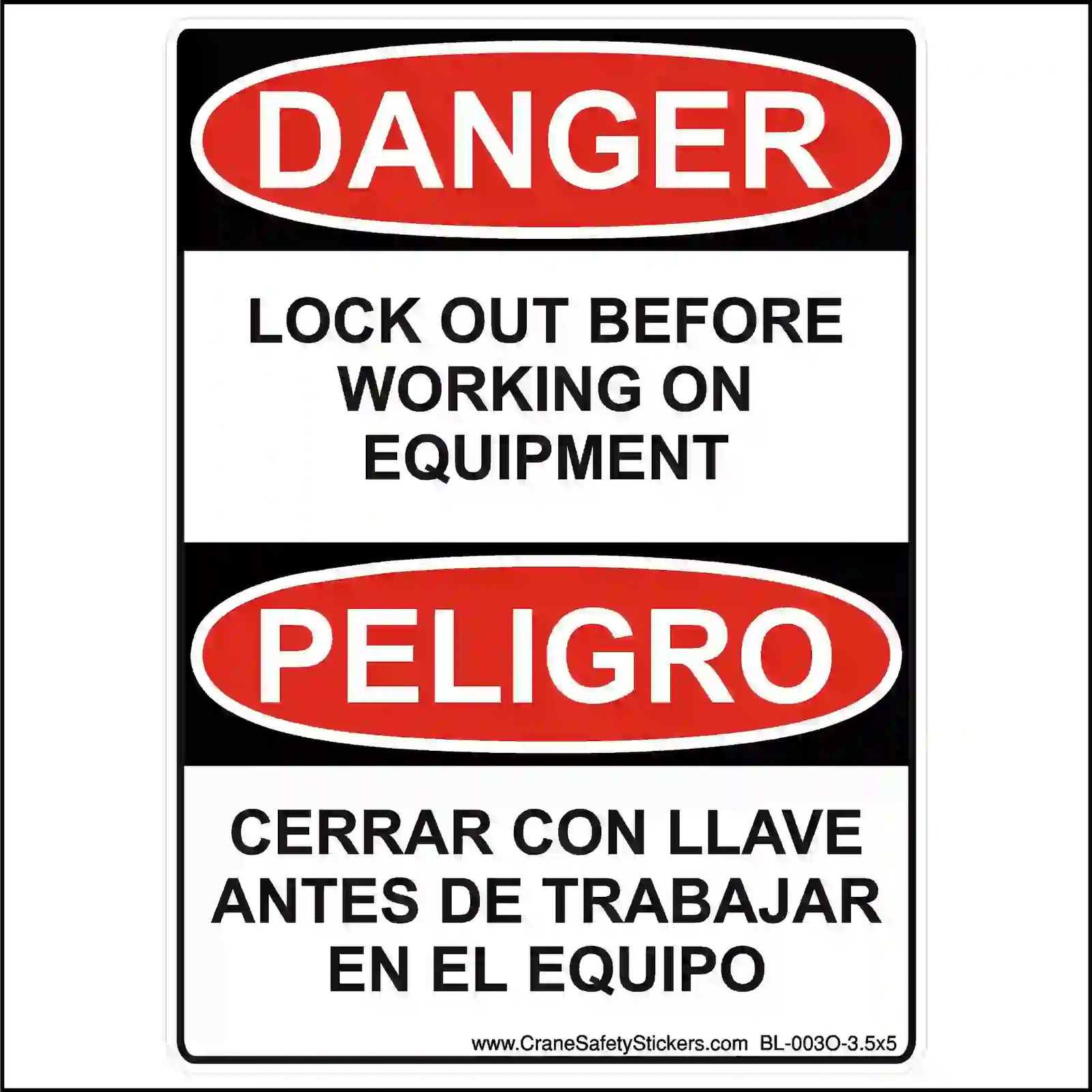 A vertical, rectangular bilingual safety sticker with red "DANGER" and "PELIGRO" headers and black and white text.