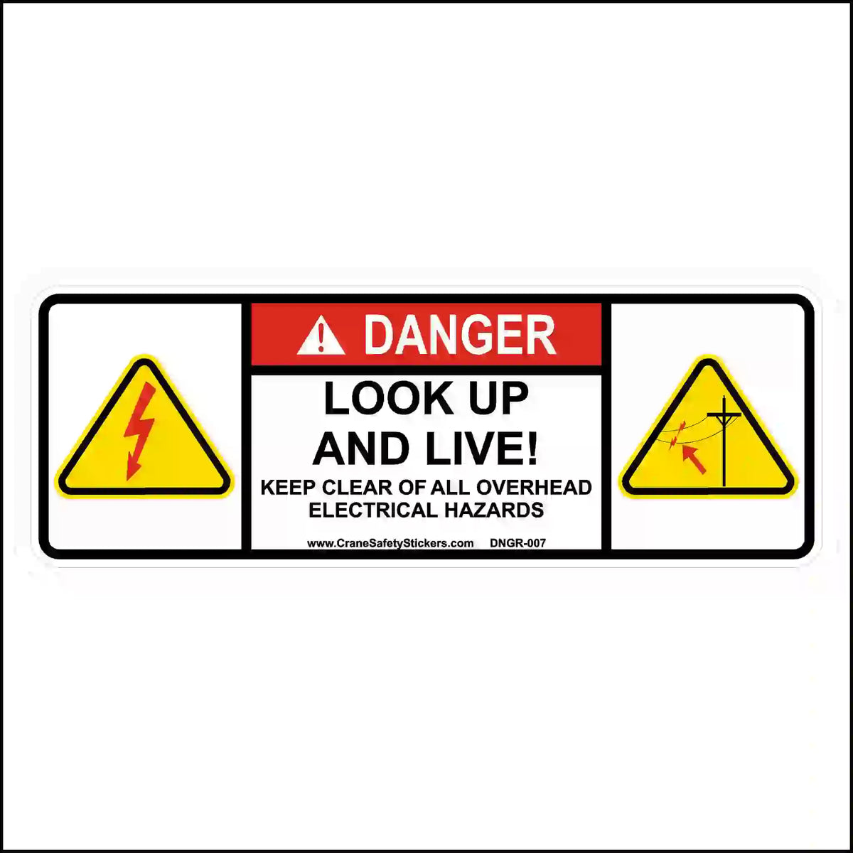 Safety sign with warning symbols and text on a white background