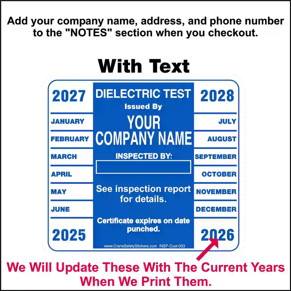 Blue dielectric test label with text fields for company name and inspection details, dated 2025 to 2028.