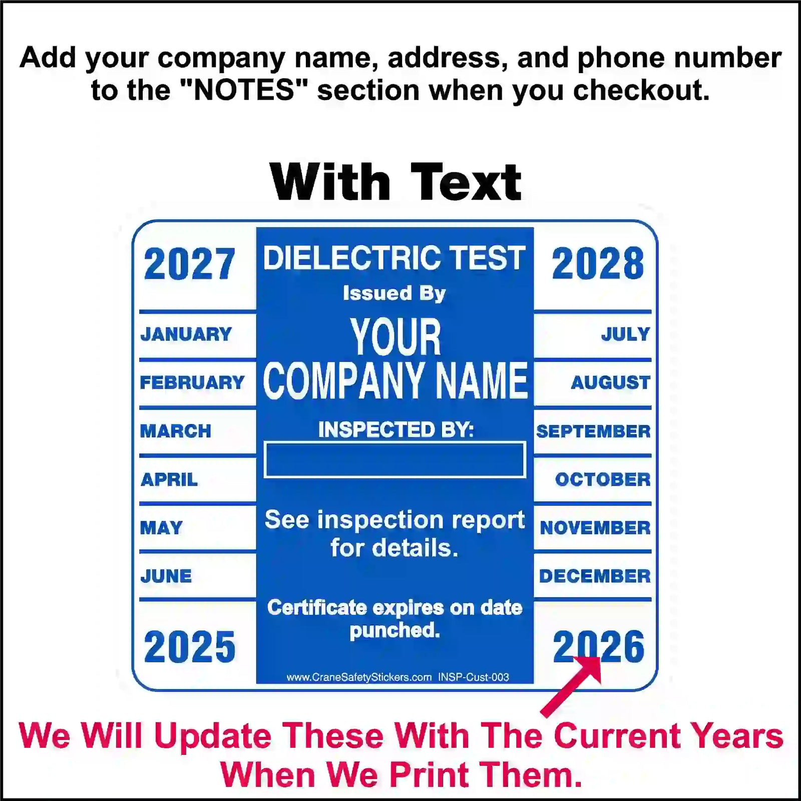 Blue dielectric test label with text fields for company name and inspection details, dated 2025 to 2028.