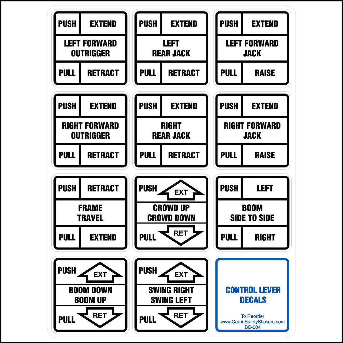 An adhesive sheet of rectangular labels designed for crane controls. The labels feature directional instructions like PUSH, PULL, EXTEND, and RETRACT, along with corresponding actions such as LEFT OUTRIGGER, REAR JACK, FRAME TRAVEL, and BOOM UP/DOWN. The bottom label indicates these are for &quot;Digger Derricks and Pressure Digger Control Lever Decals.&quot;