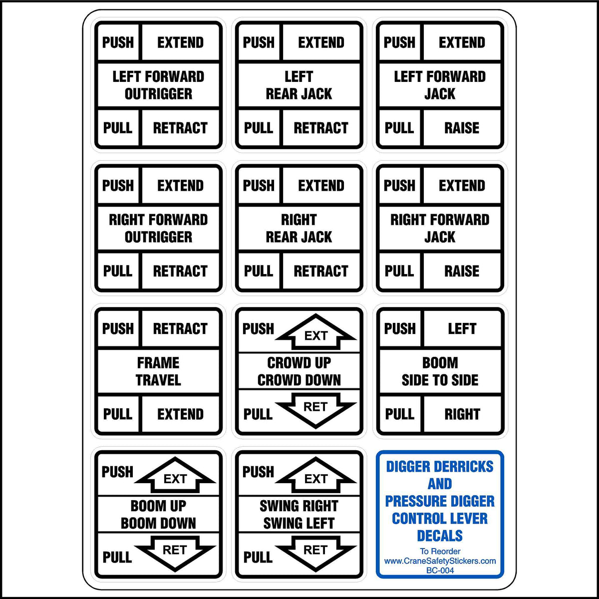 An adhesive sheet of rectangular labels designed for crane controls. The labels feature directional instructions like PUSH, PULL, EXTEND, and RETRACT, along with corresponding actions such as LEFT OUTRIGGER, REAR JACK, FRAME TRAVEL, and BOOM UP/DOWN. The bottom label indicates these are for &quot;Digger Derricks and Pressure Digger Control Lever Decals.&quot;