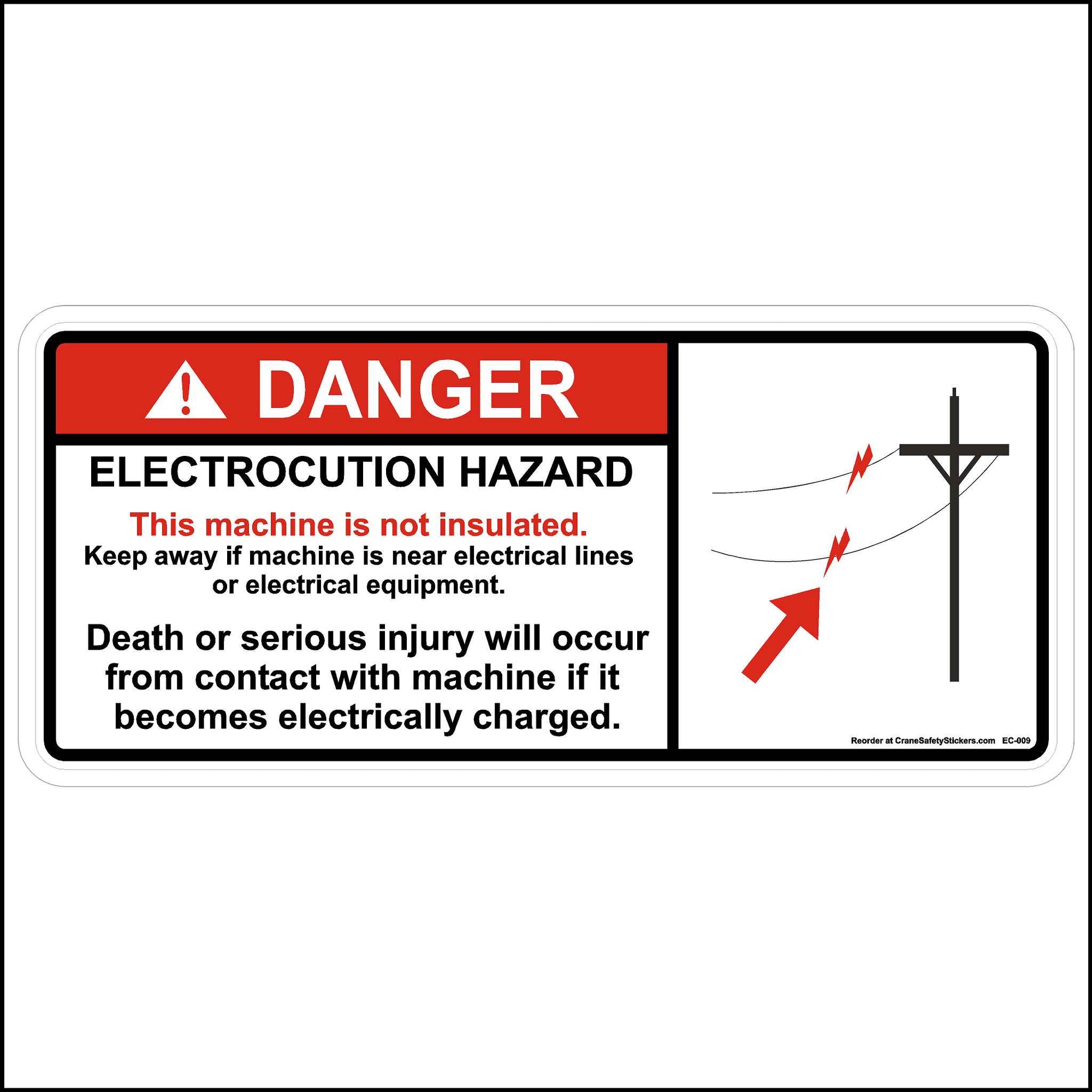 This Machine Is Not Insulated Decal Printed with. DANGER ELECTROCUTION HAZARD. This machine is not insulted. Keep away if the machine is near electrical lines or electrical equipment. Death or serious injury will occur from contact with the machine if it becomes electrically charged.