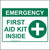 Emergency First Aid Kit Inside Label Printed in Green Lettering on White Background.