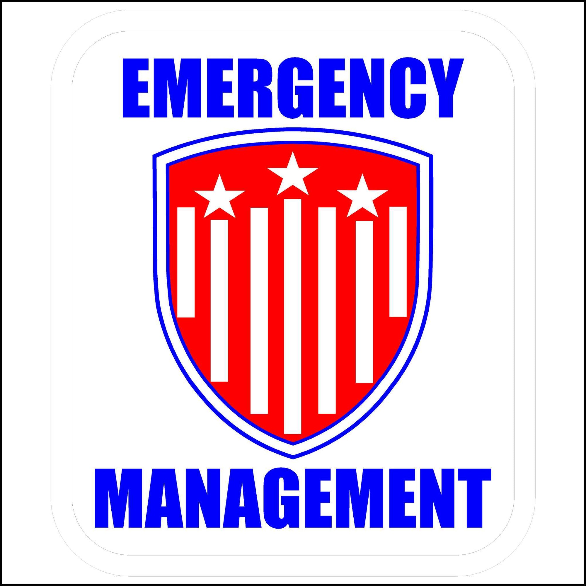 Emergency Management Hard Hat Sticker Printed In Red, White, And Blue.